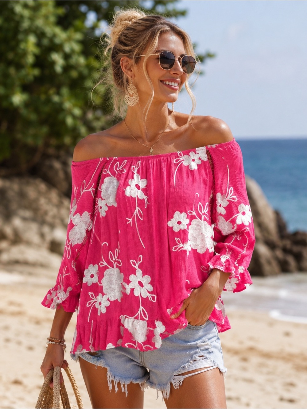 Liv Los Angeles Floral Embroidered Off Shoulder 3/4 Sleeve Top Large